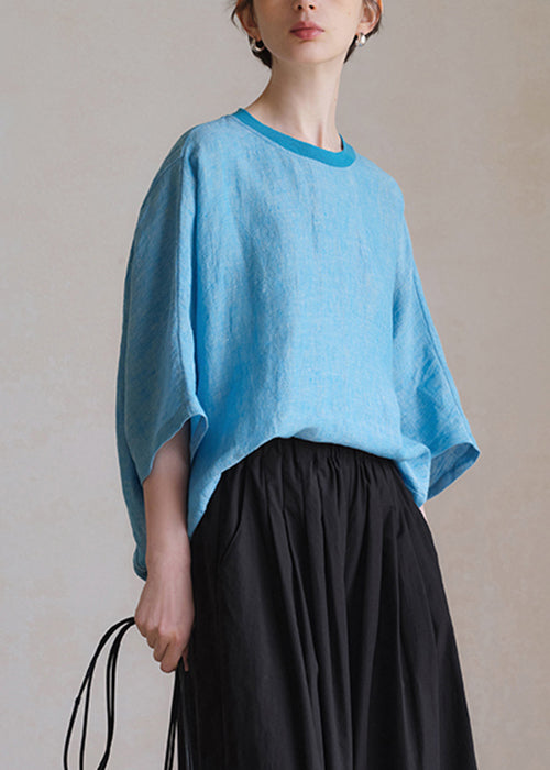Plus Size Blue O Neck Solid Linen Shirt Half Sleeve