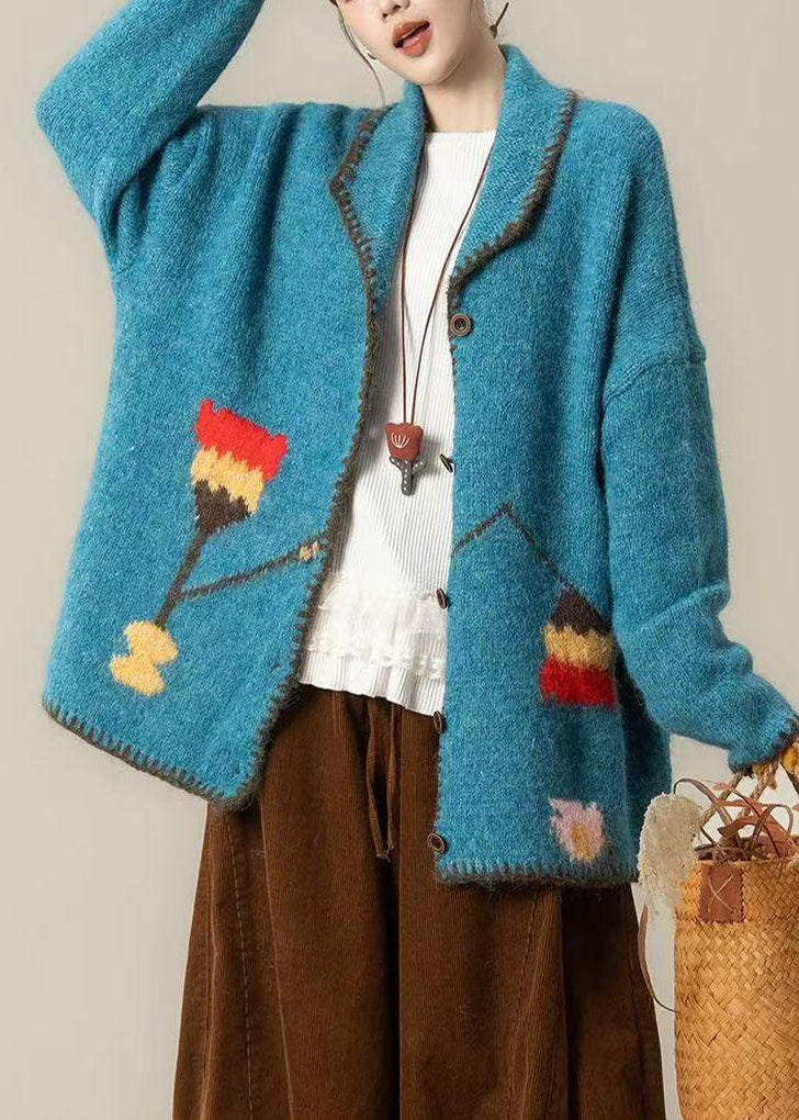 Plus Size Blue Oversized Print Knit Loose Jacket Winter