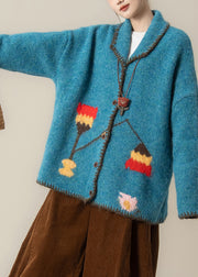 Plus Size Blue Oversized Print Knit Loose Jacket Winter