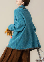 Plus Size Blue Oversized Print Knit Loose Jacket Winter