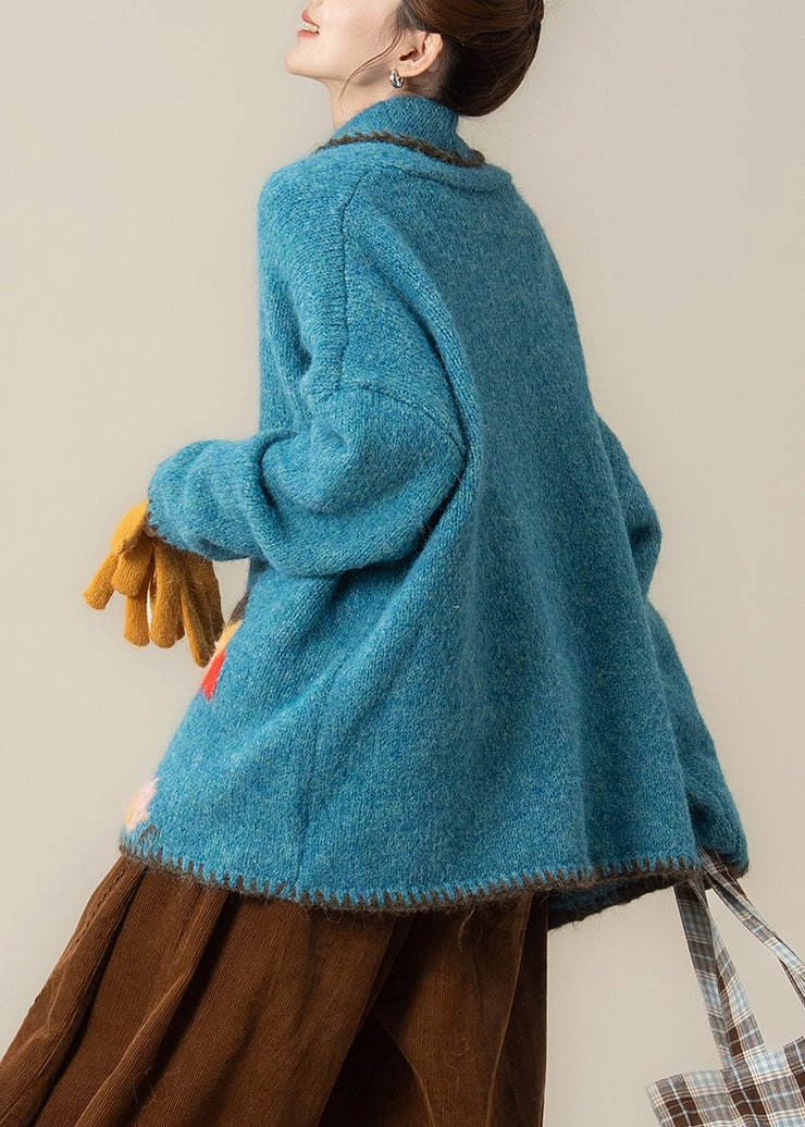 Plus Size Blue Oversized Print Knit Loose Jacket Winter