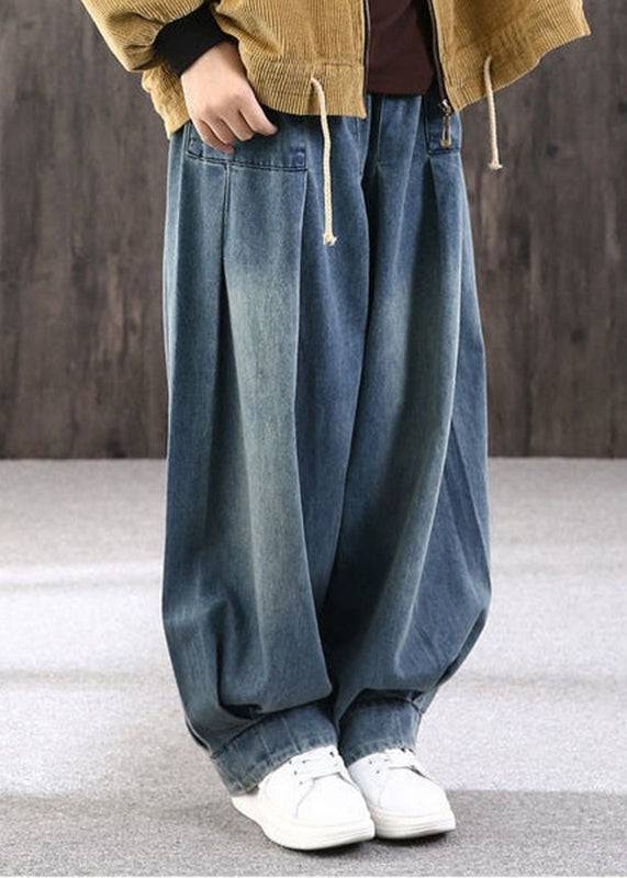 Plus Size Blue Patchwork Pockets Denim Lantern Pants Summer