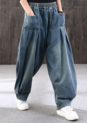 Plus Size Blue Patchwork Pockets Denim Lantern Pants Summer