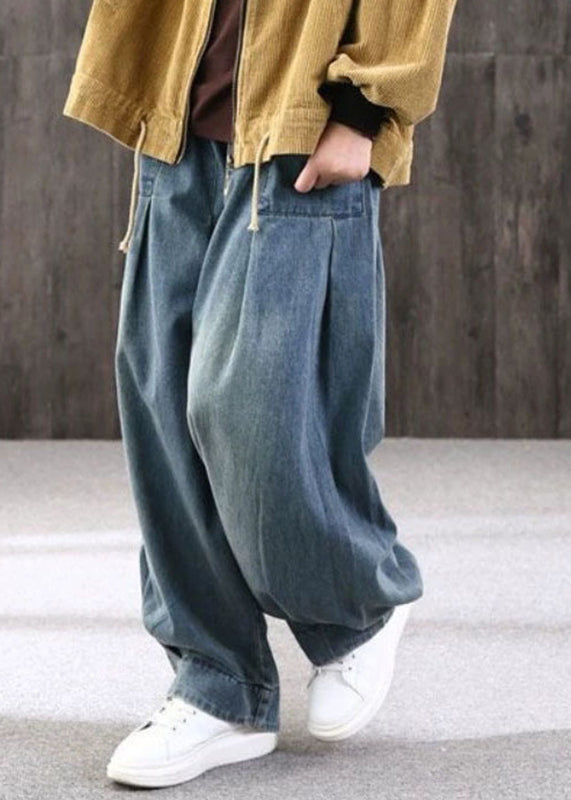Plus Size Blue Patchwork Pockets Denim Lantern Pants Summer