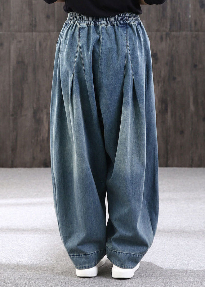 Plus Size Blue Patchwork Pockets Denim Lantern Pants Summer