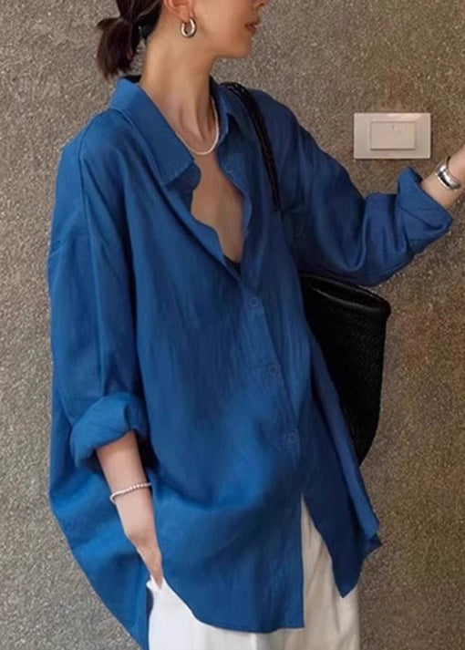 Plus Size Blue Peter Pan Collar Button Cotton Shirt Fall