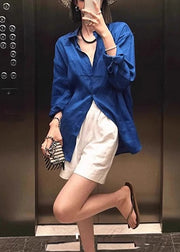 Plus Size Blue Peter Pan Collar Button Cotton Shirt Fall