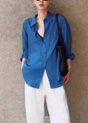 Plus Size Blue Peter Pan Collar Button Cotton Shirt Fall