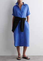 Plus Size Blue Peter Pan Collar Linen Straight Dresses Summer