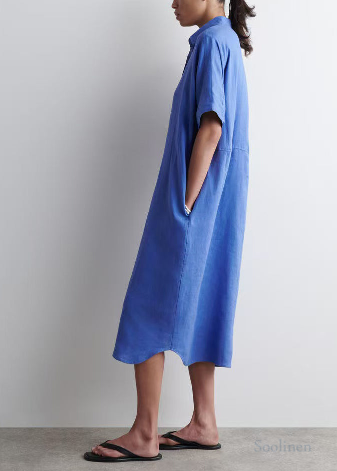 Plus Size Blue Peter Pan Collar Linen Straight Dresses Summer