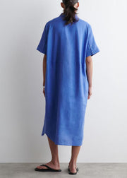 Plus Size Blue Peter Pan Collar Linen Straight Dresses Summer