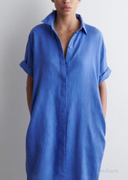 Plus Size Blue Peter Pan Collar Linen Straight Dresses Summer