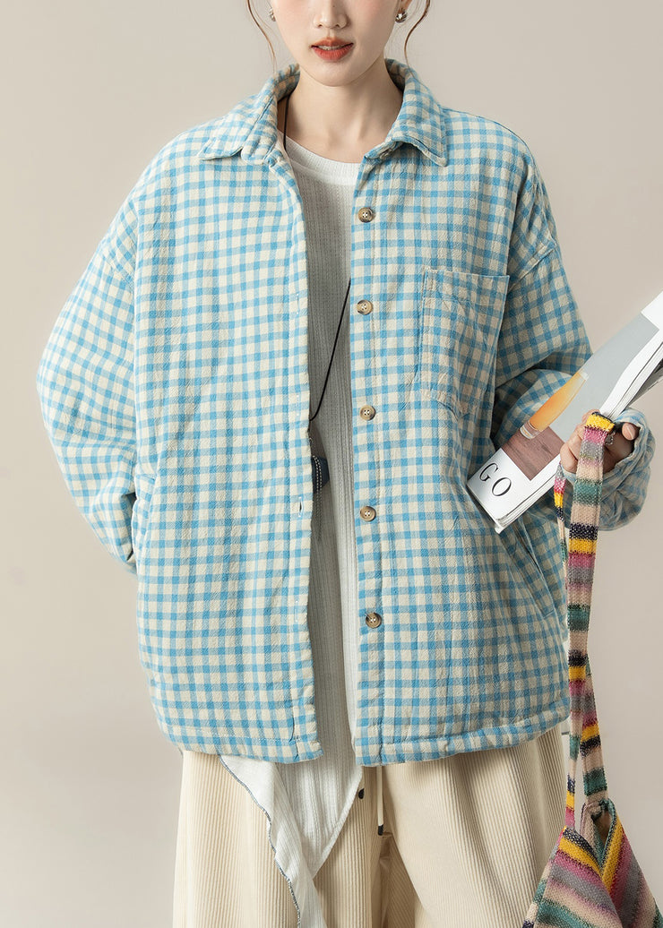 Plus Size Blue Peter Pan Collar Plaid Cotton Filled Shirts Coats Winter