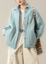 Plus Size Blue Peter Pan Collar Plaid Cotton Filled Shirts Coats Winter