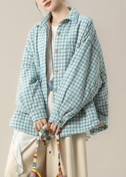 Plus Size Blue Peter Pan Collar Plaid Cotton Filled Shirts Coats Winter