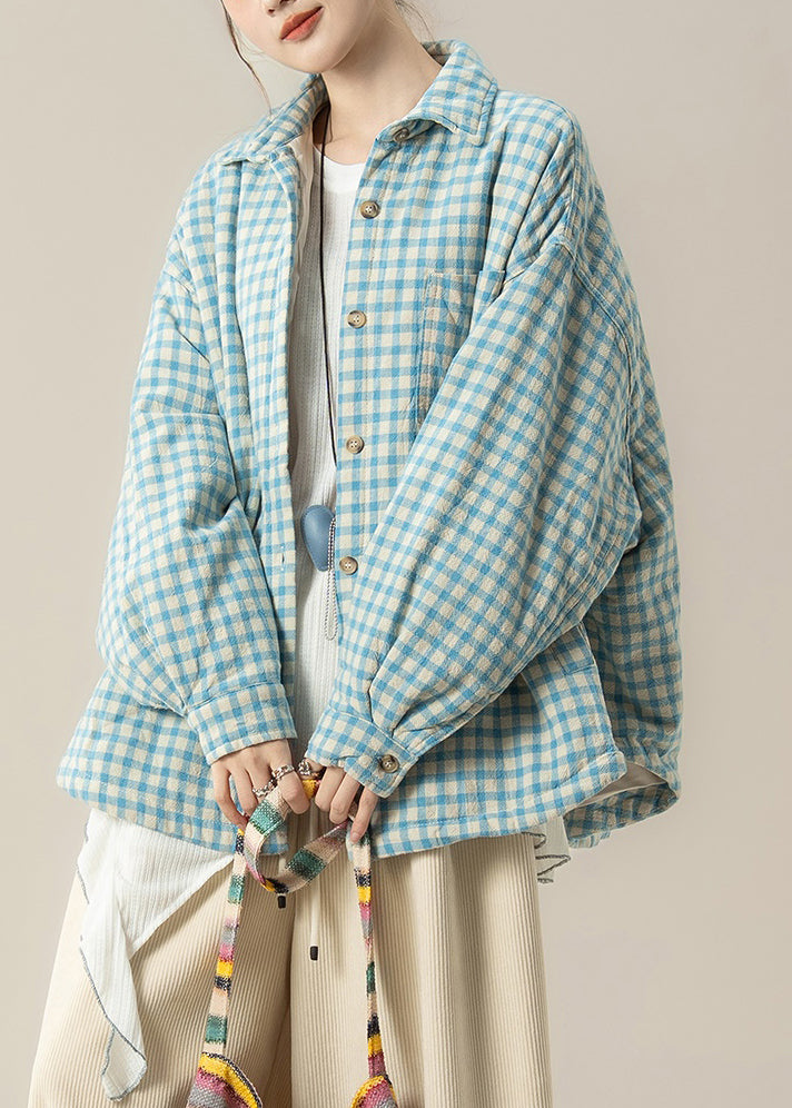 Plus Size Blue Peter Pan Collar Plaid Cotton Filled Shirts Coats Winter