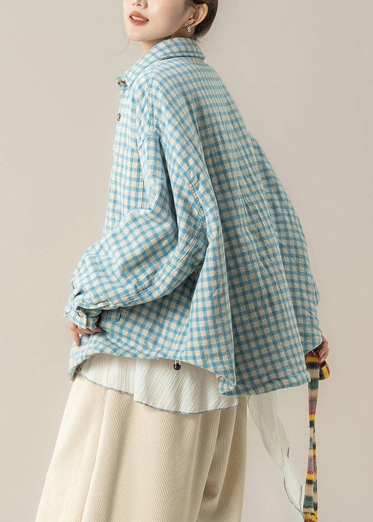 Plus Size Blue Peter Pan Collar Plaid Cotton Filled Shirts Coats Winter