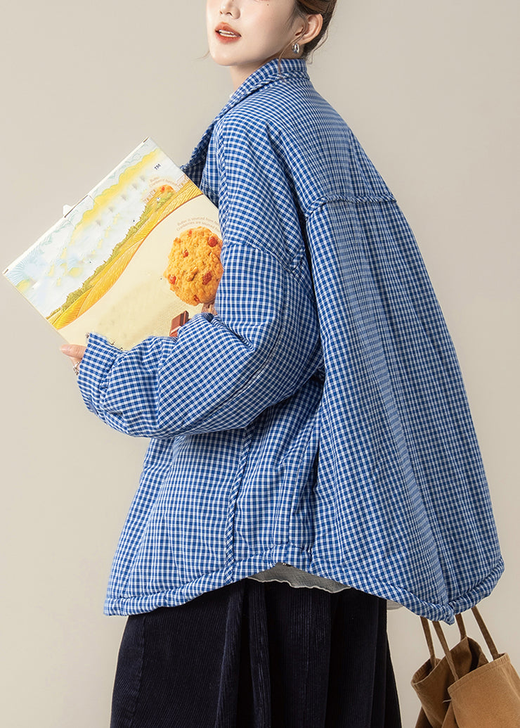 Plus Size Blue Peter Pan Collar Plaid Down Jackets Winter