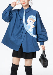 Plus Size Blue Peter Pan Collar Print Button Cotton Shirts Long Sleeve