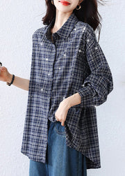 Plus Size Blue Plaid Rhinestone Cotton Blouse Tops Fall