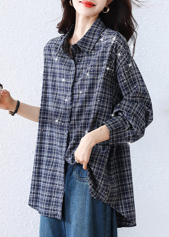 Plus Size Blue Plaid Rhinestone Cotton Blouse Tops Fall
