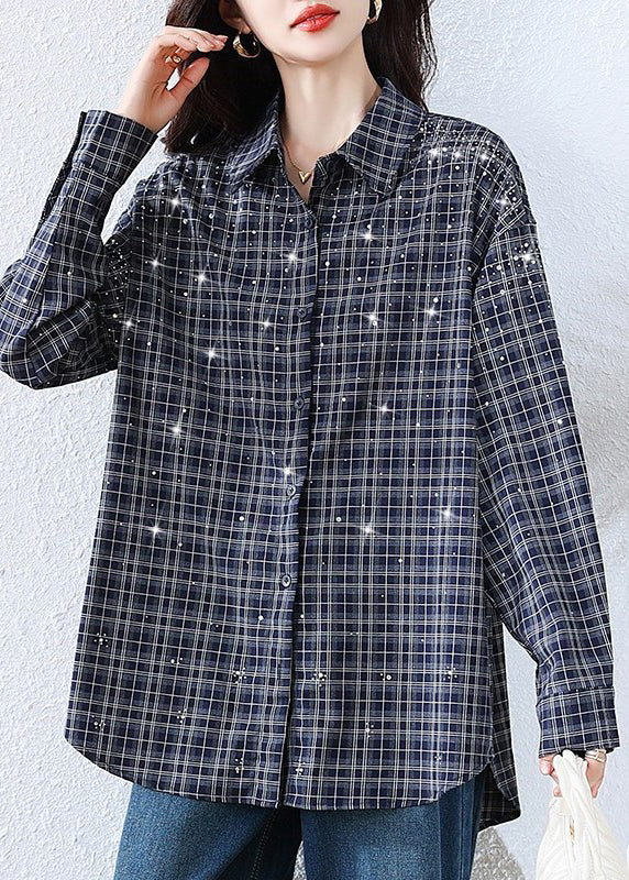 Plus Size Blue Plaid Rhinestone Cotton Blouse Tops Fall