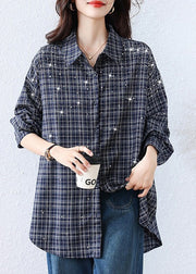 Plus Size Blue Plaid Rhinestone Cotton Blouse Tops Fall