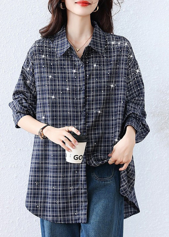 Plus Size Blue Plaid Rhinestone Cotton Blouse Tops Fall