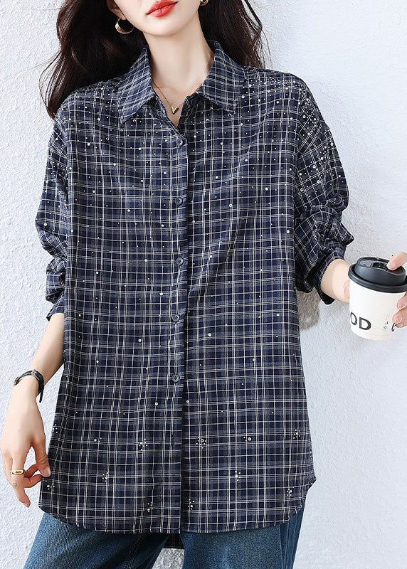Plus Size Blue Plaid Rhinestone Cotton Blouse Tops Fall