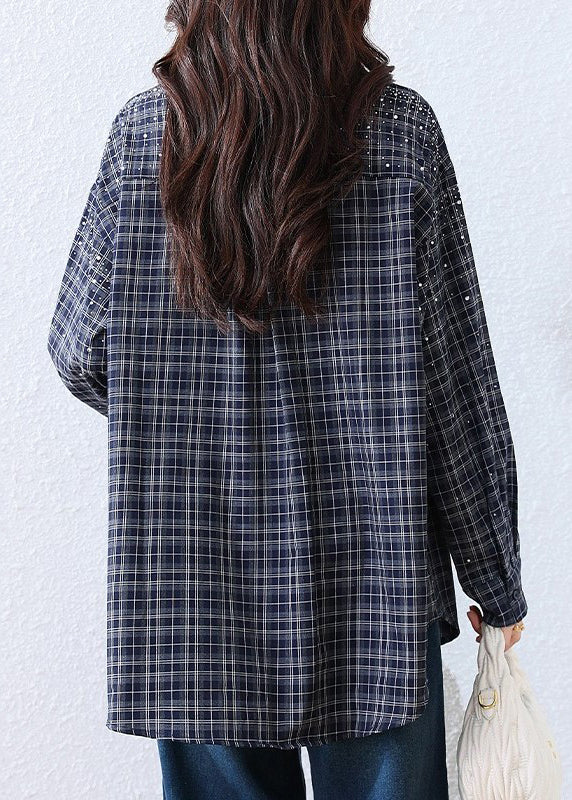 Plus Size Blue Plaid Rhinestone Cotton Blouse Tops Fall