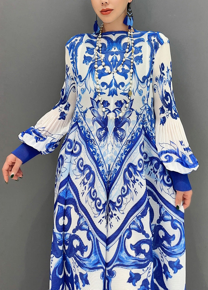 Plus Size Blue Print Exra Large Hem Holiday Dress Lantern Sleeve