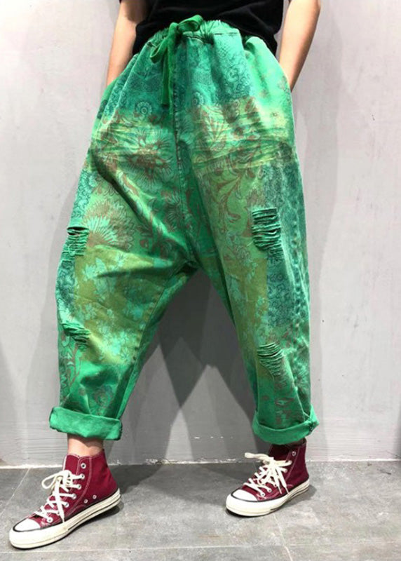 Plus Size Blue Print Tie Waist Ripped Wide Leg Pants Summer