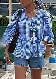 Plus Size Blue Puff Sleeve Plaid Lace Up Cotton Shirts Summer