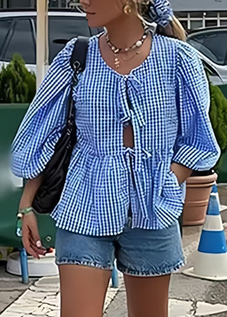 Plus Size Blue Puff Sleeve Plaid Lace Up Cotton Shirts Summer