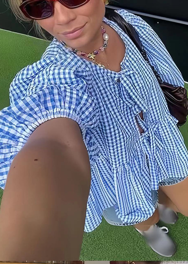 Plus Size Blue Puff Sleeve Plaid Lace Up Cotton Shirts Summer