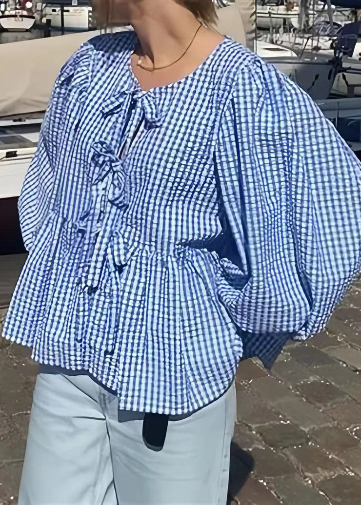 Plus Size Blue Puff Sleeve Plaid Lace Up Cotton Shirts Summer