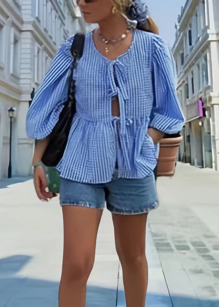 Plus Size Blue Puff Sleeve Plaid Lace Up Cotton Shirts Summer