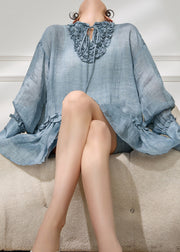 Plus Size Blue Ruffled Lace Up Cotton Two Piece Set Summer