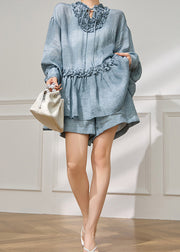 Plus Size Blue Ruffled Lace Up Cotton Two Piece Set Summer