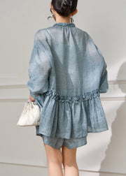 Plus Size Blue Ruffled Lace Up Cotton Two Piece Set Summer