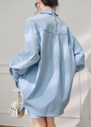Plus Size Blue Ruffled Sequins Shirts And Shorts Cotton Two Pieces Set