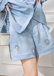 Plus Size Blue Ruffled Sequins Shirts And Shorts Cotton Two Pieces Set
