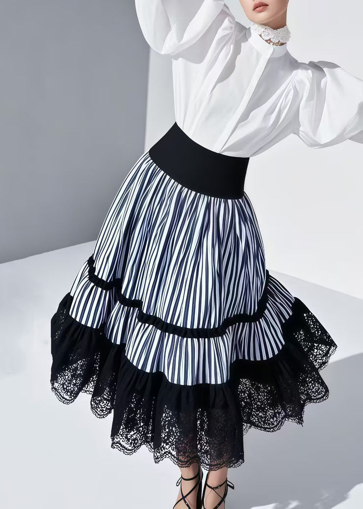 Plus Size Blue Striped Patchwork Lace Skirt Summer