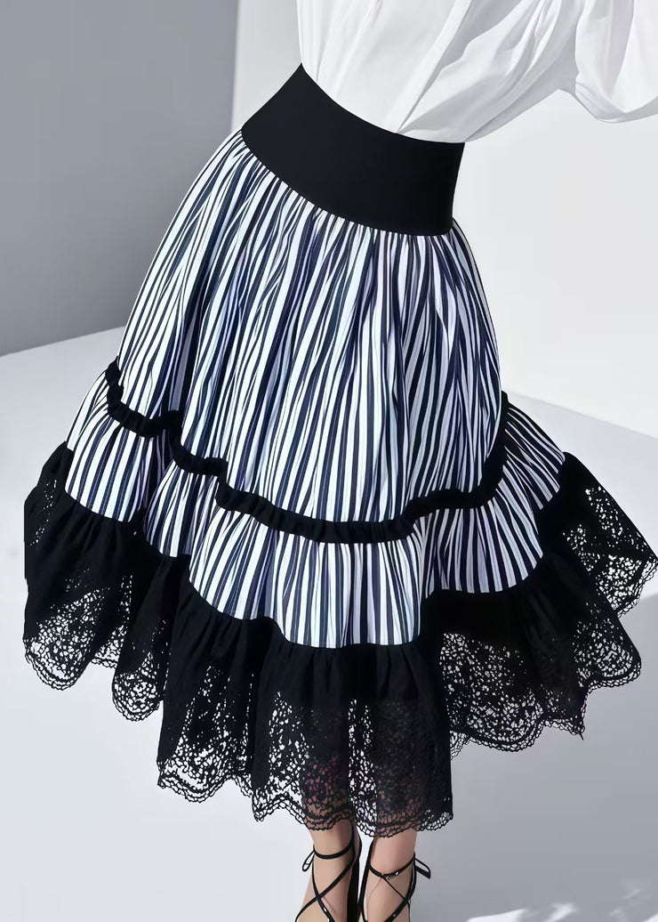 Plus Size Blue Striped Patchwork Lace Skirt Summer