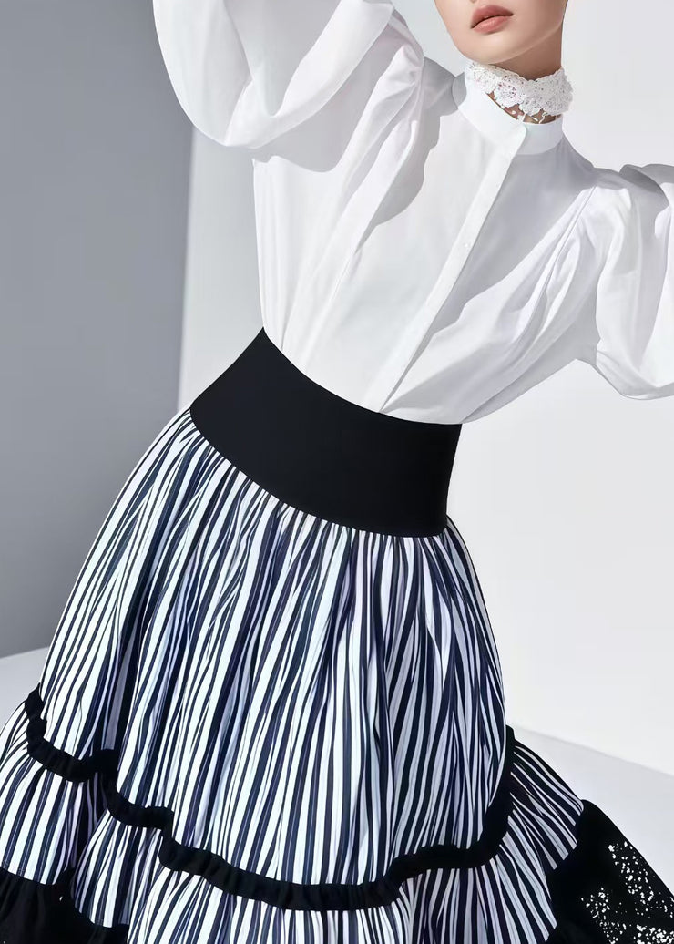 Plus Size Blue Striped Patchwork Lace Skirt Summer
