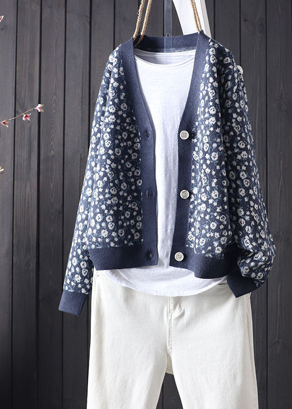Spring Plus Size Cardigans Plus Size Blue V Neck Print Button Knit Cardigans Spring – SooLinen