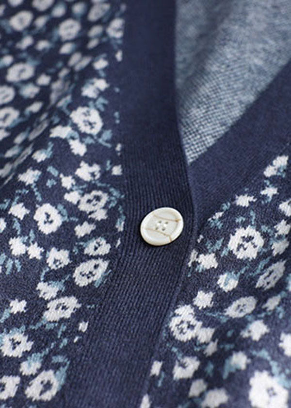 Plus Size Blue V Neck Print Button Knit Cardigans Spring – SooLinen
