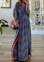 Plus Size Blue V Neck Print Side Open Cotton Maxi Dresses Summer