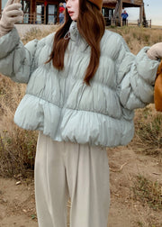 Plus Size Blue Wrinkled Drawstring Duck Down Puffer Coat Winter