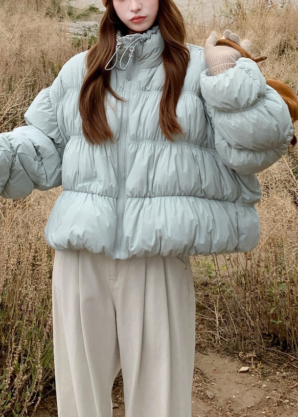 Plus Size Blue Wrinkled Drawstring Duck Down Puffer Coat Winter